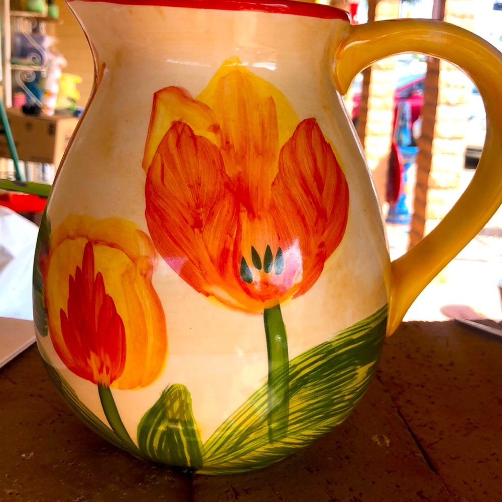 Vintage WCL Large Hand Painted Ceramic Pitcher Floral Design with Orange Tulips